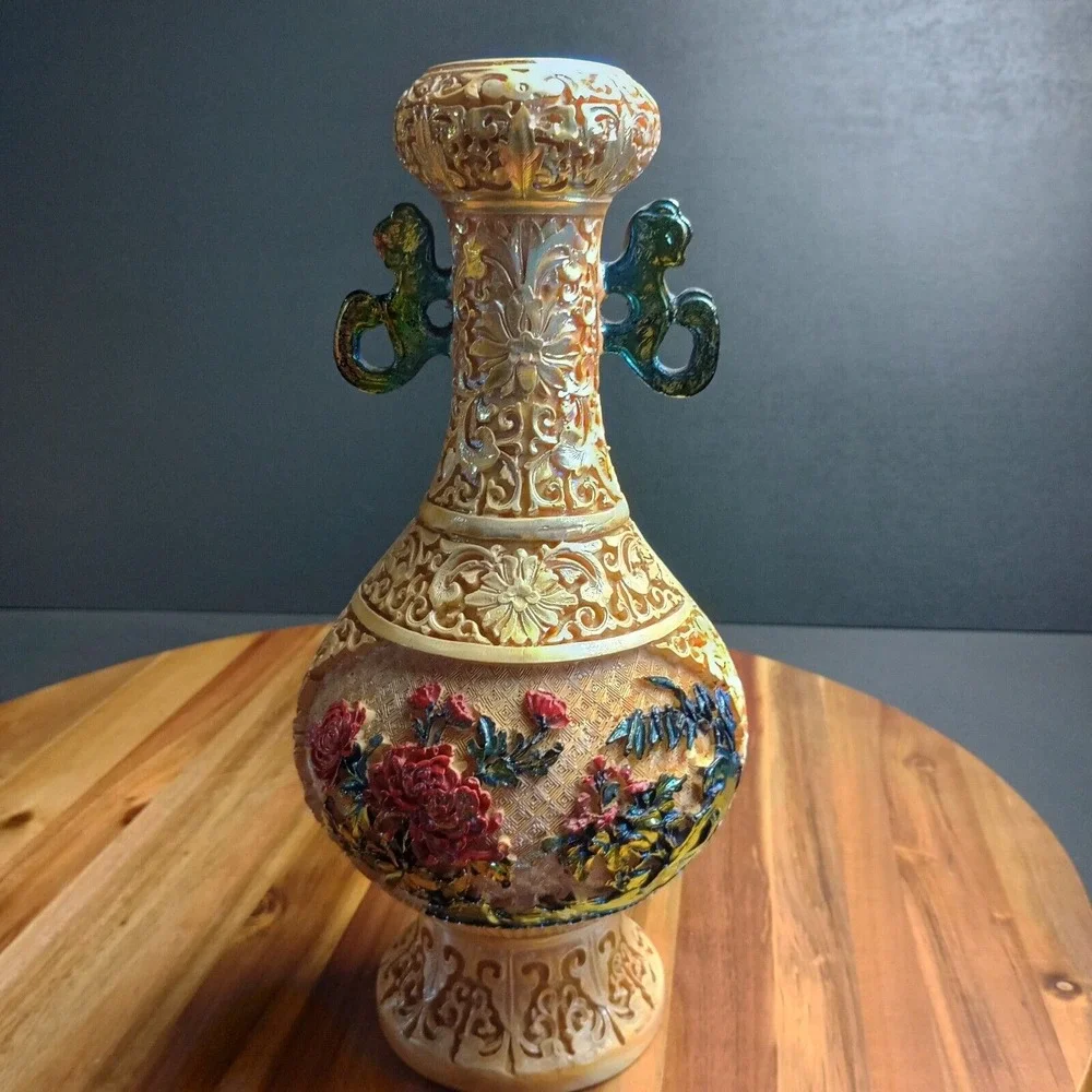 Vintage Antique Carved Resin Vase Asian Japanese Chinese Satsuma Style 12